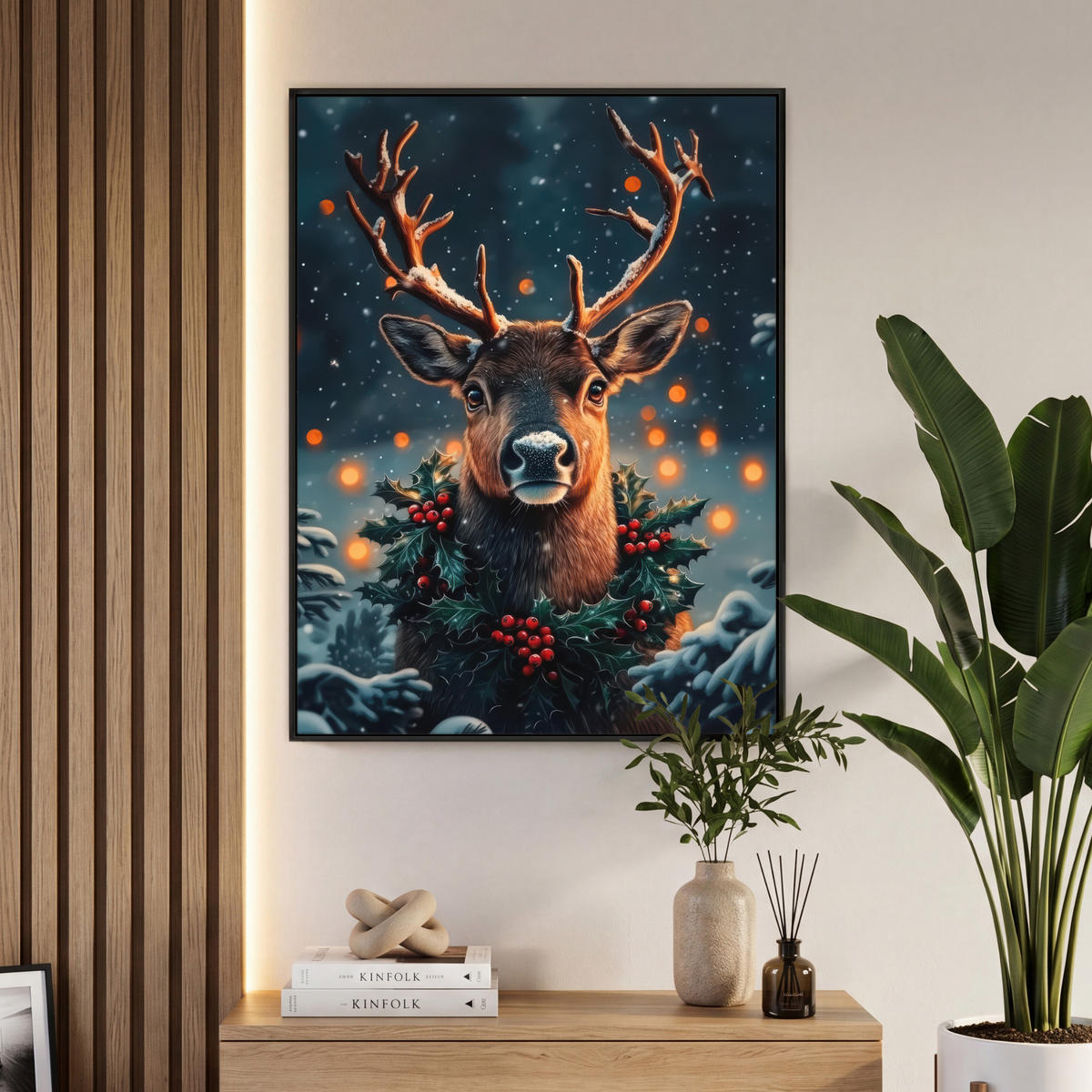 LEINWAND Bilder mit Rahmen - Hirsch - Weihnachten - Winter - Schnee - Weihnachtskranz - 70x100 - Dunkelbraun, Textil (70/100cm) - MuchoWow
