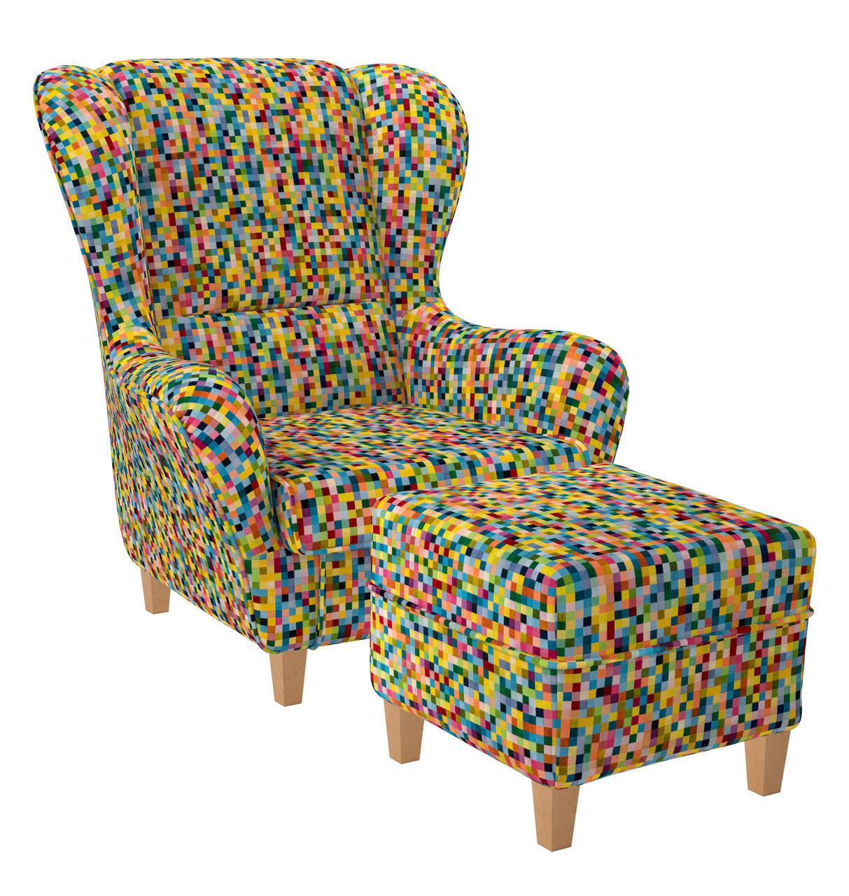 OHRENSESSEL Sofia Relaxsessel mit Hocker | Design Pixel kariert bunt - Dunkelgelb, Textil (92/68/95cm) - Supellex