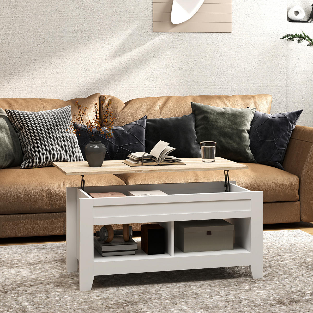 COUCHTISCH DE-15802 klappbare Platte Weiß - Weiß, Holzwerkstoff (105/50/62.5cm) - ComfortXL