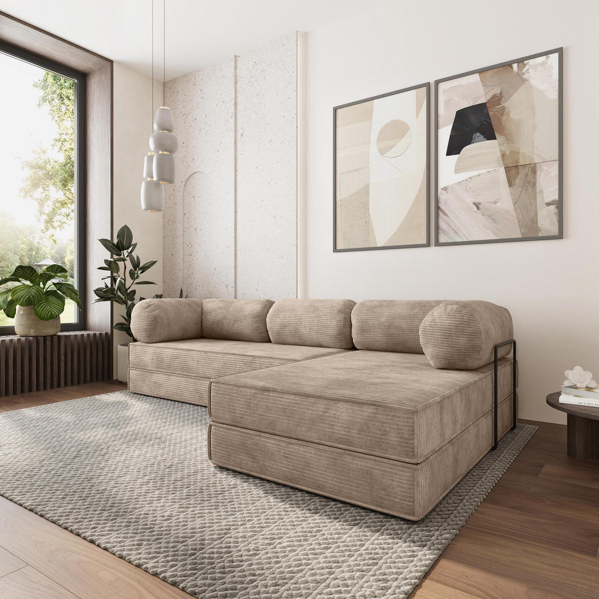 ROHOVÁ SEDAČKA ETERA modulární Boneless pohovka s funkcí spaní, béžová POSO 02 - béžová, textil (270/160cm) - MASSENO