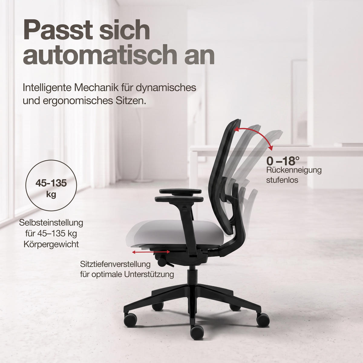 DREHSTUHL Ergonomischer Bürostuhl Atessa mit Netzrücken / Keine Hellgrau Netzrücken für Luftzirkulation - Hellgrau, Textil (62.5/99.8/45cm) - ASSMANN