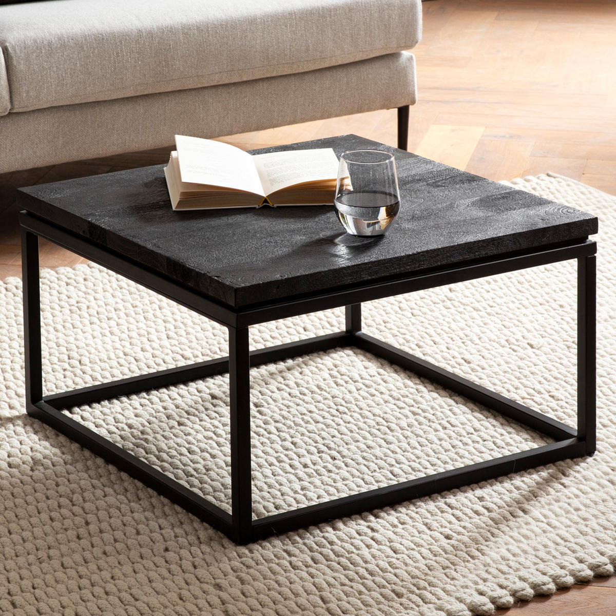 COUCHTISCH aus Mango Massivholz und Metall, Quadratisch, Natürliche Holzmaserung, Schwarz 60 x 60 x 35 cm - Schwarz, Holz/Metall (60/60/35cm) - KADIMA DESIGN