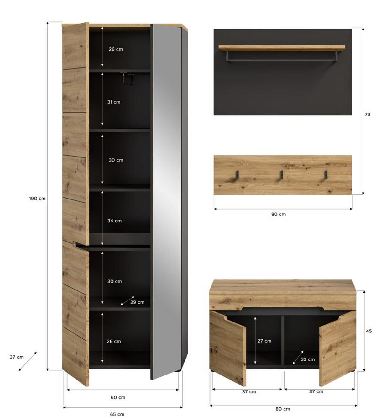 GARDEROBE Set 4-teilig Eiche Artisan und grau 160 cm, mit Soft-Close - Schwarz/Eiche Artisan, Glas/Holzwerkstoff (160/190/37cm) - Inn.Furn