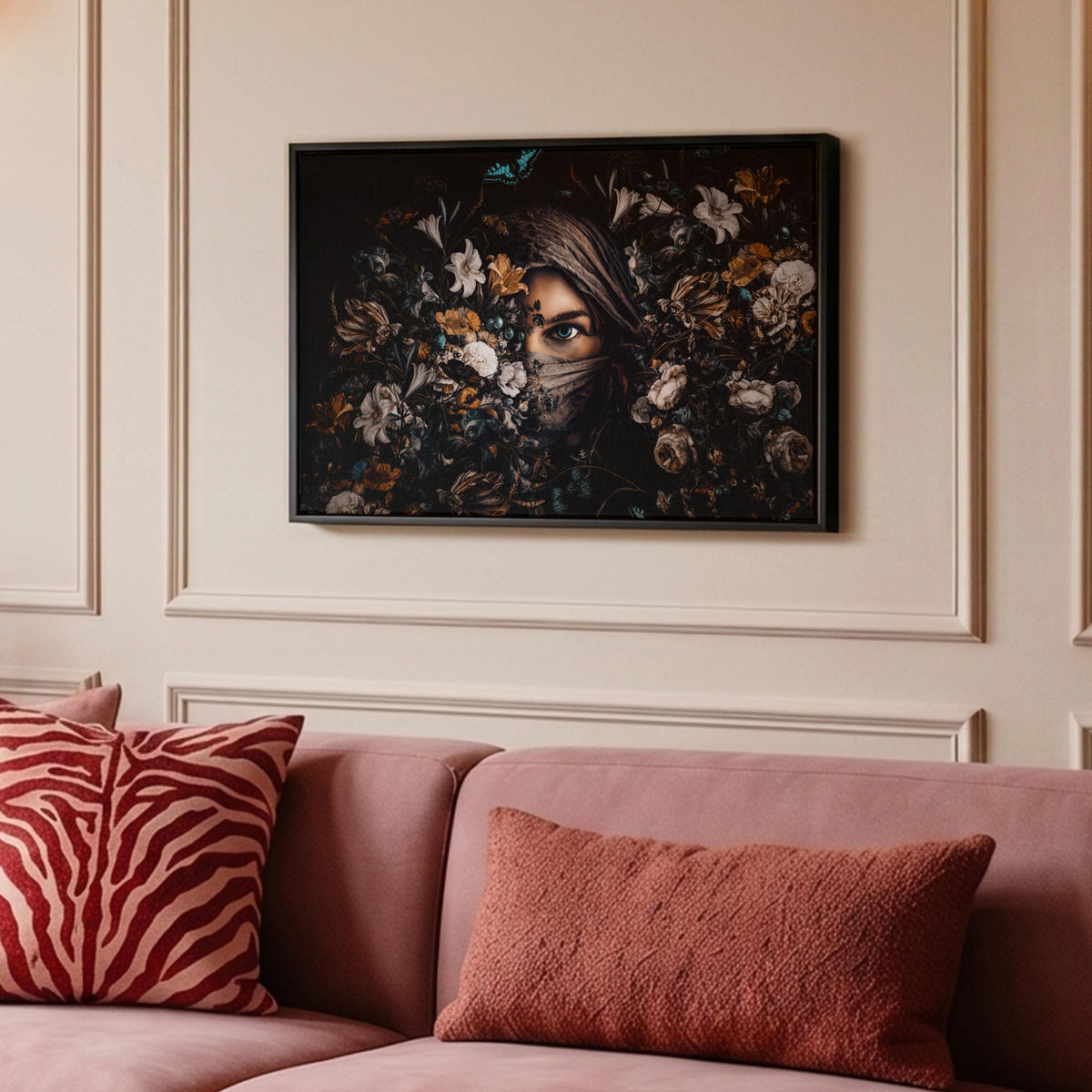 LEINWAND Bilder mit Rahmen - Frau - Luxus - Blumen - Schmetterling - Porträt - 60x40 - Schwarz, Textil (60/40cm) - MuchoWow