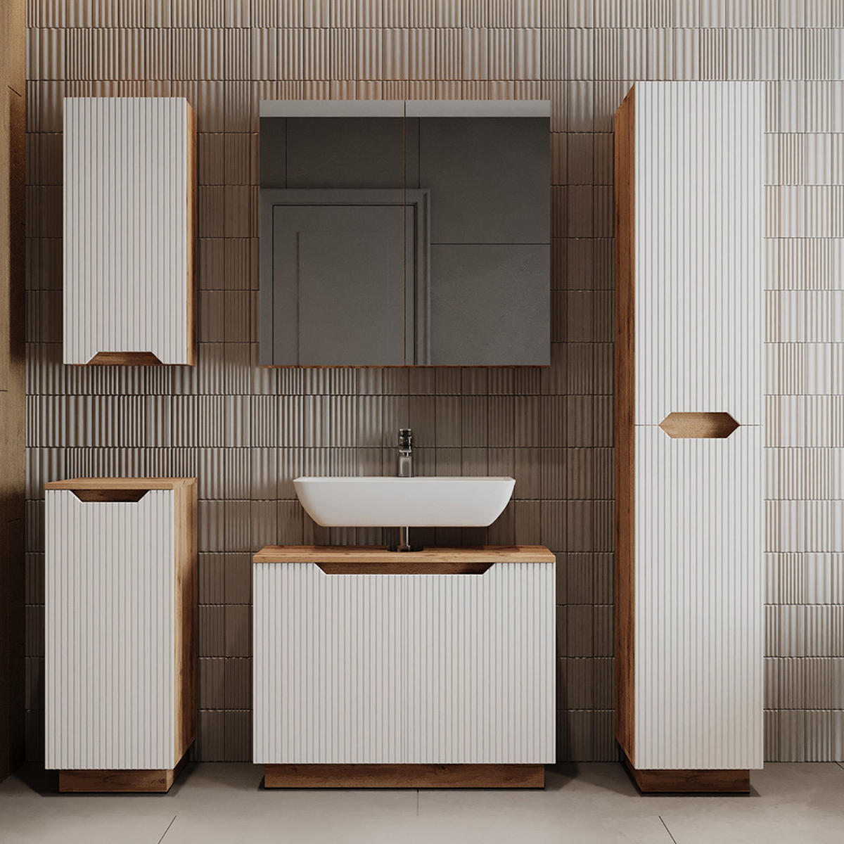 WASCHBECKENUNTERSCHRANK Lotta Eiche/weiß gestreift 79.6 x 62.1 cm mit 2 Türen - Eichefarben/Weiß, Holzwerkstoff (79.6/62.1/32cm) - Vicco