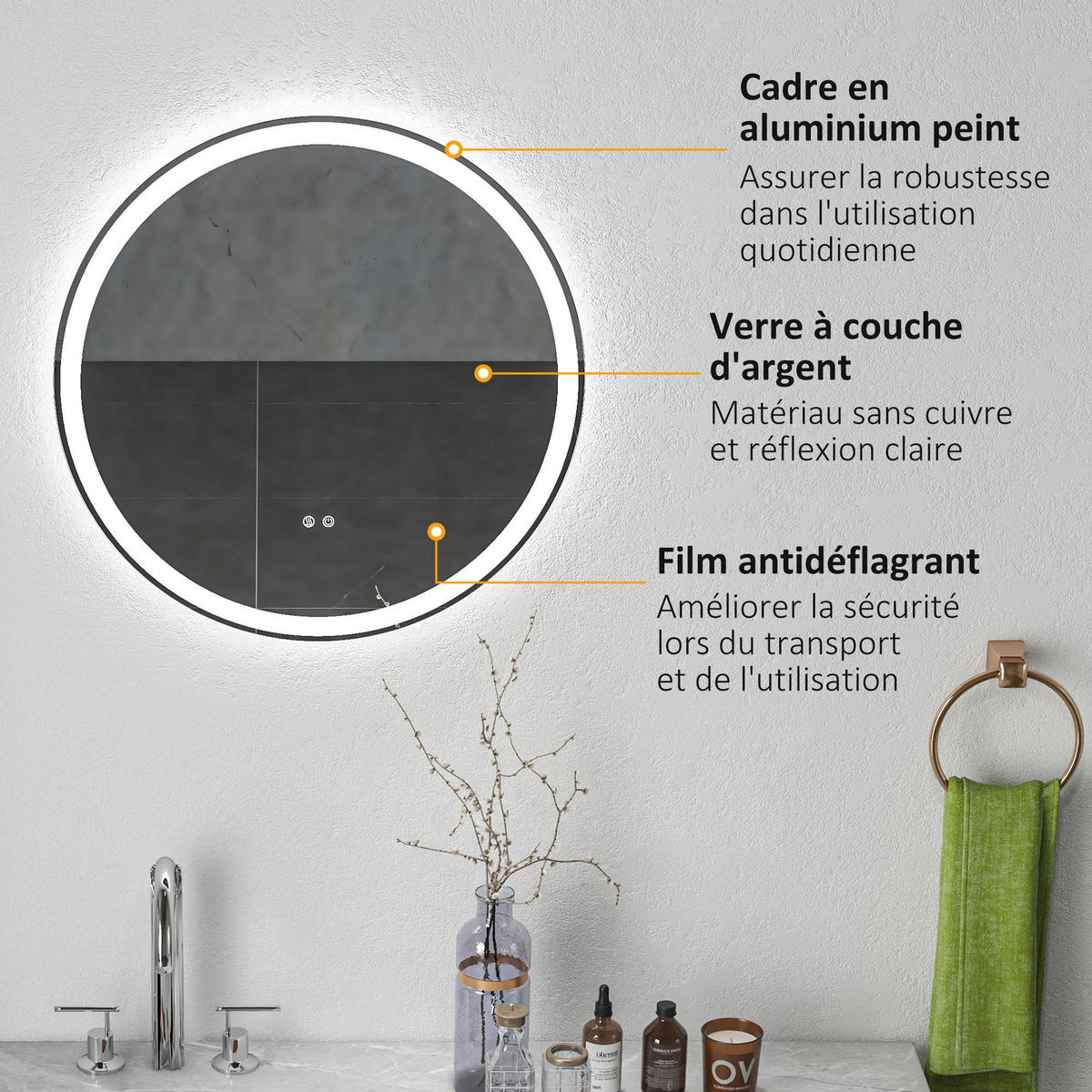BADEZIMMERSPIEGEL DE-15145 mit 3 LED-Farben und dimmbar Weiß/Silber - Silberfarben, Metall (60/3/60cm) - ComfortXL