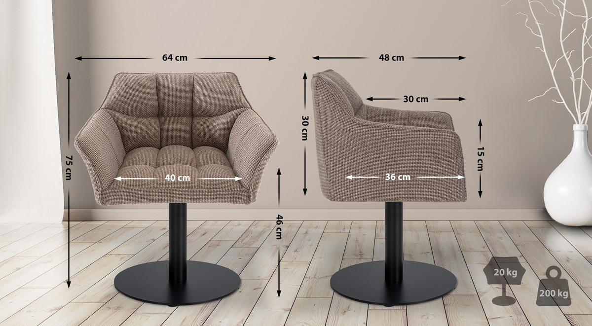 SESSEL Stoff Terrabraun - Dunkelbraun/Schwarz, Textil/Metall (64/75/48cm) - CLP