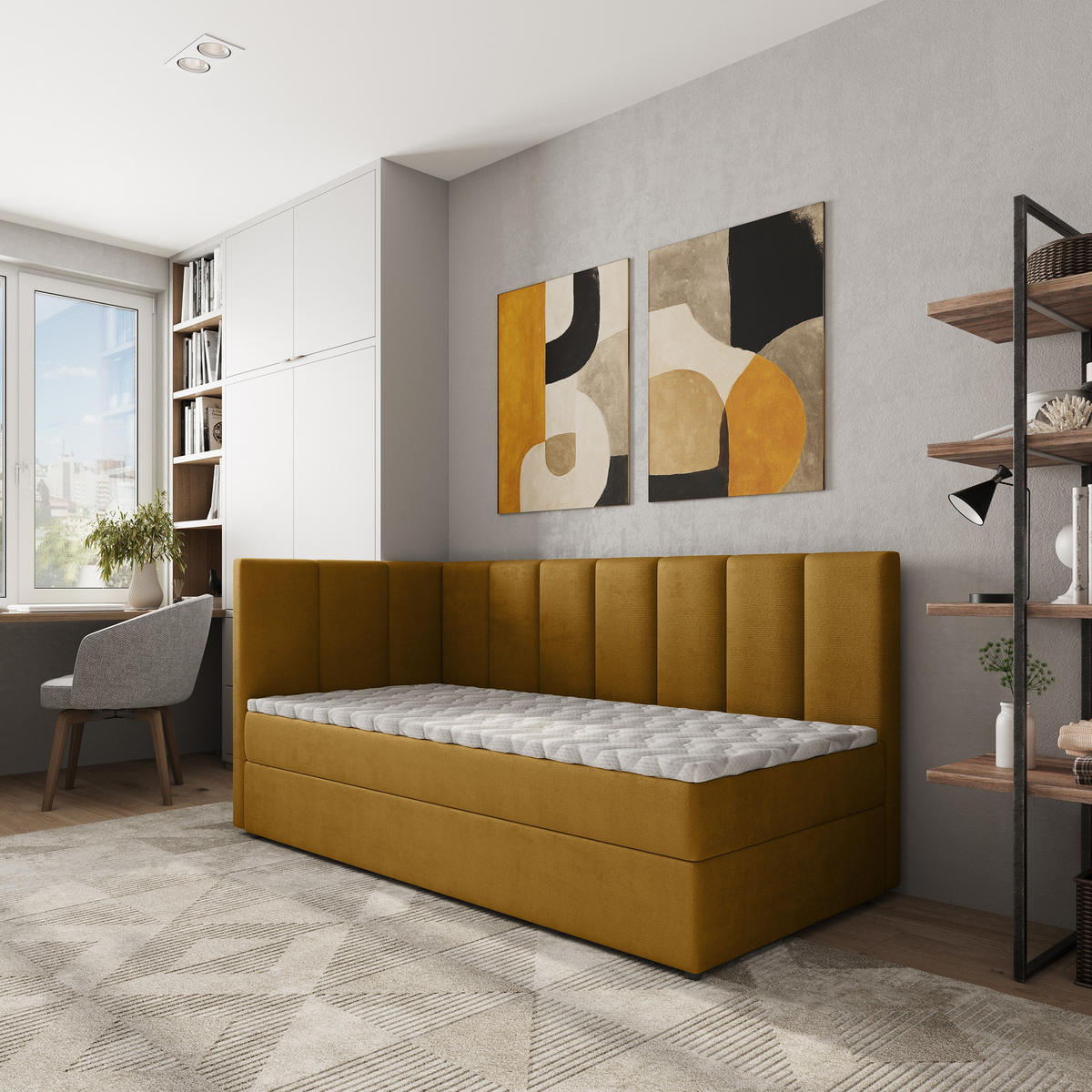 BOXBETT BEVE 100x200 cm mit Matratze und Topper, H2+H3 - Gelb - Gelb, Holz (100/200cm) - MASSENO