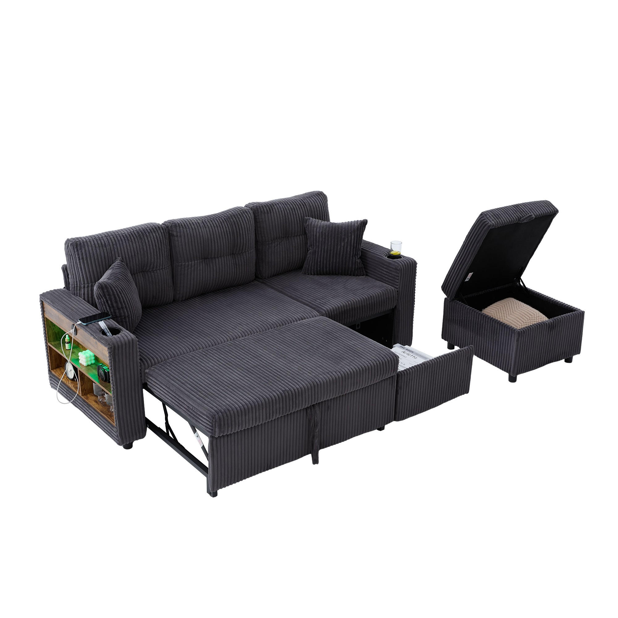 SCHLAFSOFA 3-er Sofa mit Schlaffunktion,Aufbewahrungshocker,Cord,Dunkelgrau - Dunkelgrau, Textil (196/85/119cm) - LVHOM