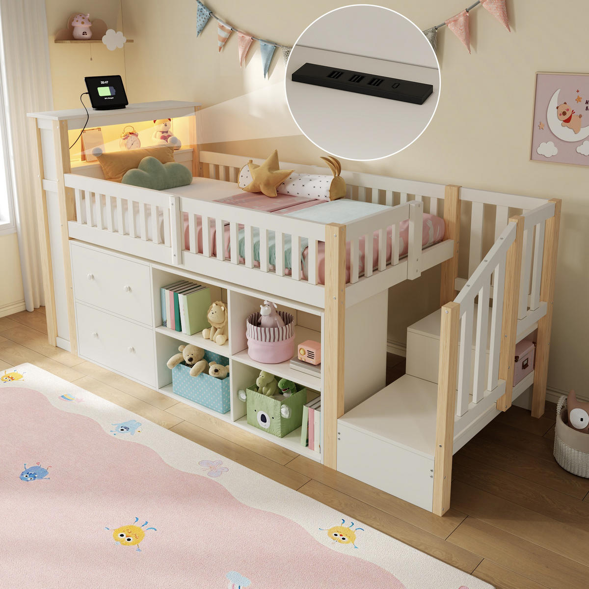 HALBHOHES Bett aus Kiefernholz und MDF 90x200 cm Natur mit Stauraum, LED-Beleuchtung und USB-Anschlüssen - Naturfarben, Holzwerkstoff (90/200cm) - IVMEU