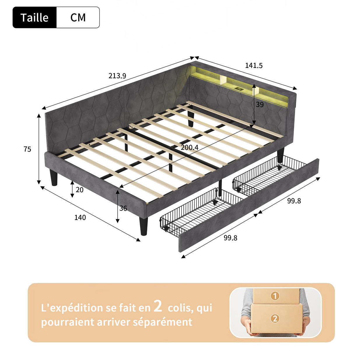 POLSTERBETT 140x200 cm LED USB Schubladen Lattenrost grau - Grau, Holz (140/200cm) - LEBENLANG