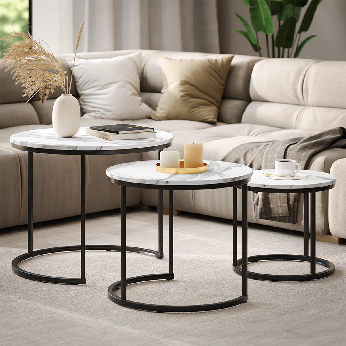 COUCHTISCH-SET Montreal Weiß/Schwarz 55 x 55 cm 3 Teile - Schwarz/Weiß, Holzwerkstoff (55/55/44.5cm) - Vicco