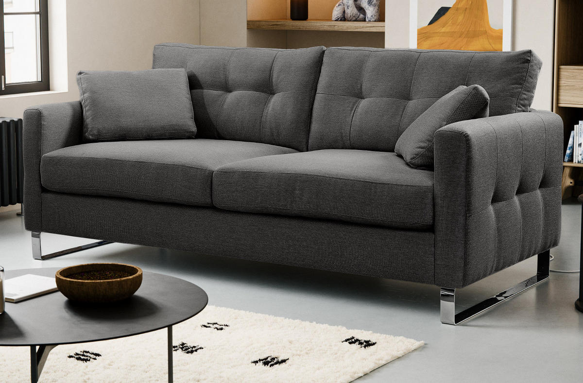 SOFA grau Flachgewebe 2,5-Sitzer 203 cm, Couch mit Steppoptik - Chromfarben/Grau, Holz/Textil (203/92/94cm) - Inn.Furn