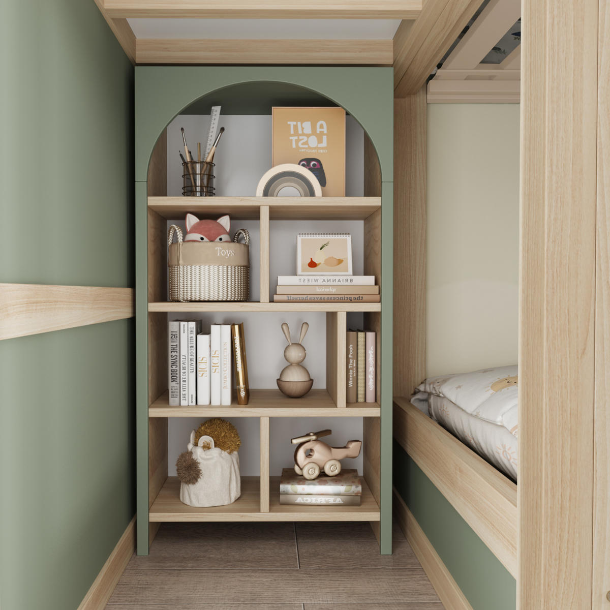ETAGENBETT 90/200 cm in Grün/Grau/Naturholz mit Stauraumleiter, Schubladen und Regalen - Grün, Holz/Holzwerkstoff (90/200cm) - WISHDOR