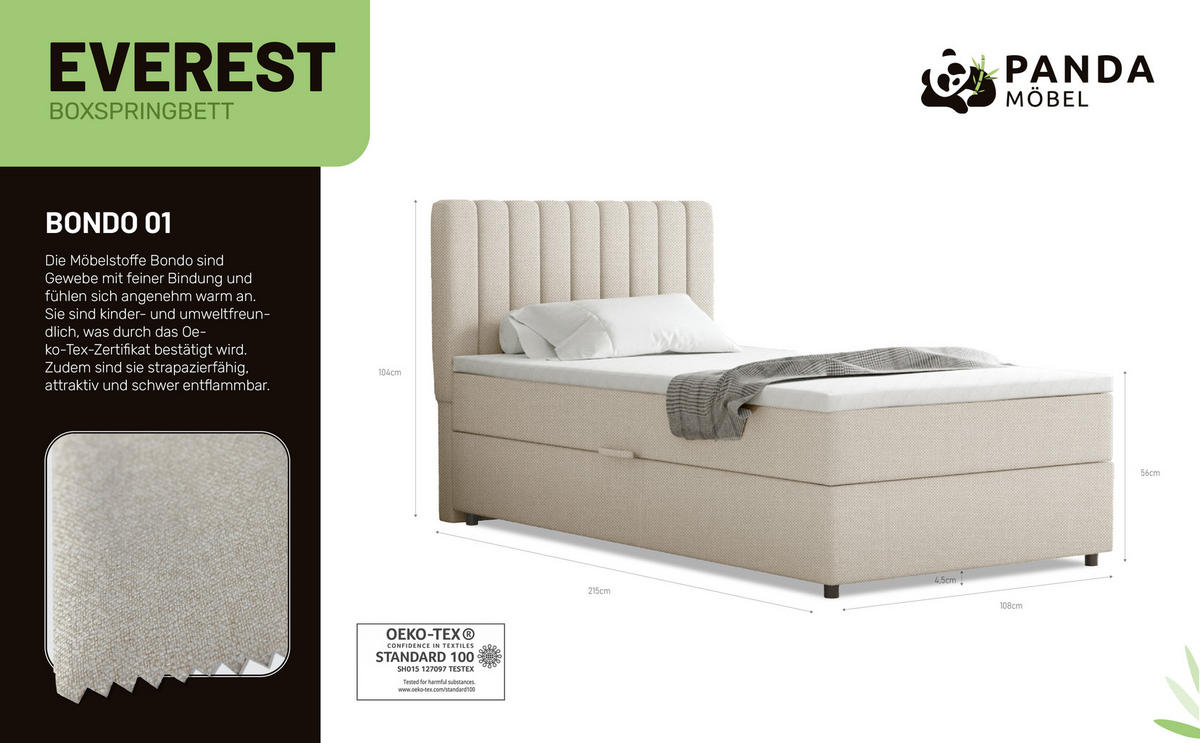 BOXBETT Everest 120 x 200 cm Einzelbett mit hochwertiger Bonell-Matratze und Topper - Beige, Holz (120/200cm) - Panda Möbel