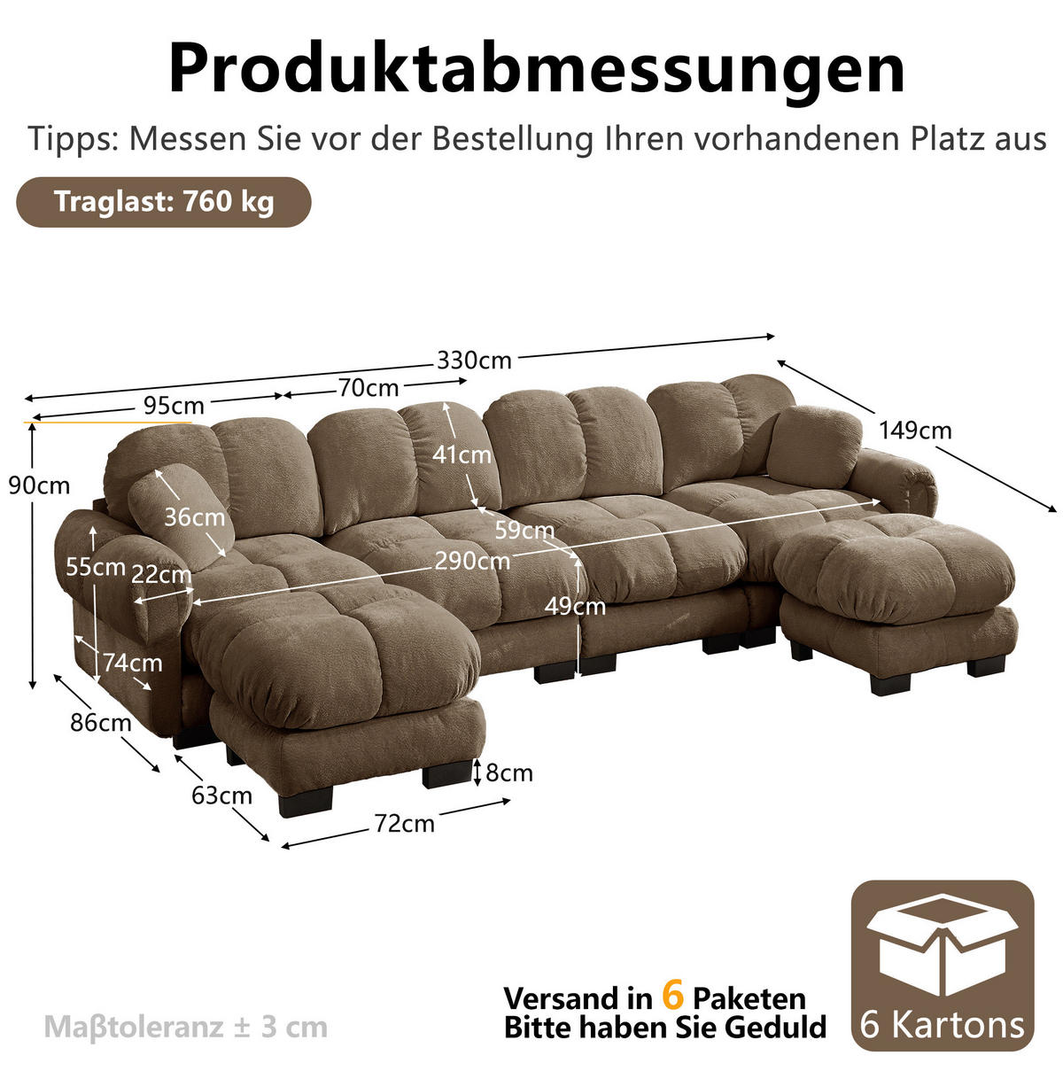 SOFA 330/149/90 cm in Braun aus Chenille mit modularer U-Form - Braun, Textil (149/90/330cm) - Flora Grace