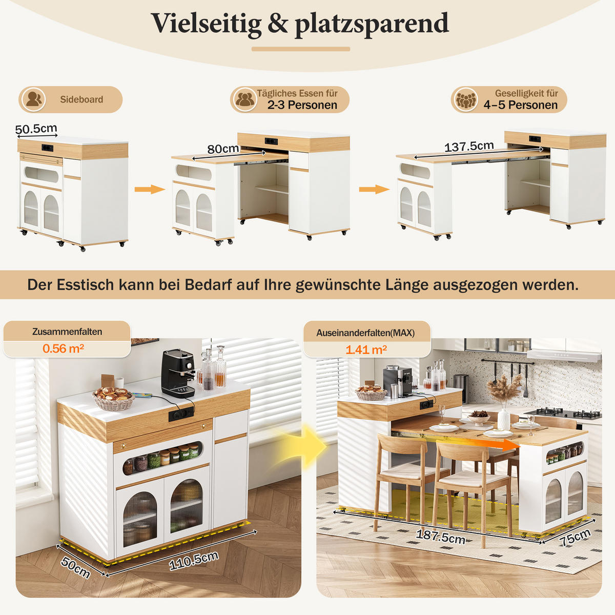KÜCHENINSEL mit ausziehbarer Tischplatte DE-39566 Natur - Naturfarben, Holzwerkstoff (110.5/95.5/50.5cm) - ComfortXL