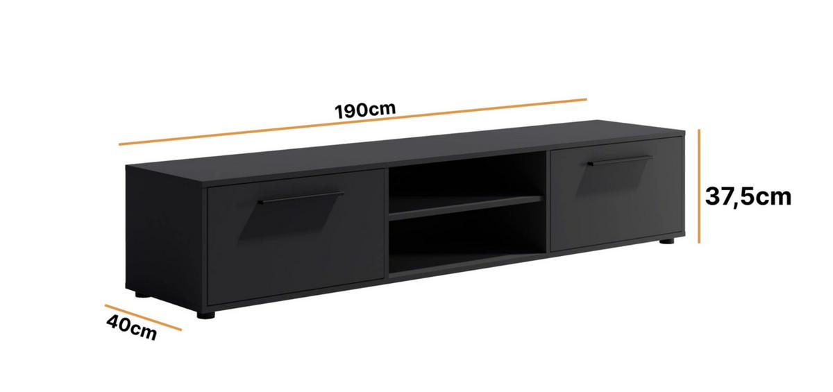 TV-SCHRANK Modena 190 cm mit Türen und Regalen in Schwarz - Schwarz, Holzwerkstoff/Kunststoff (190/38/40cm) - Ravio