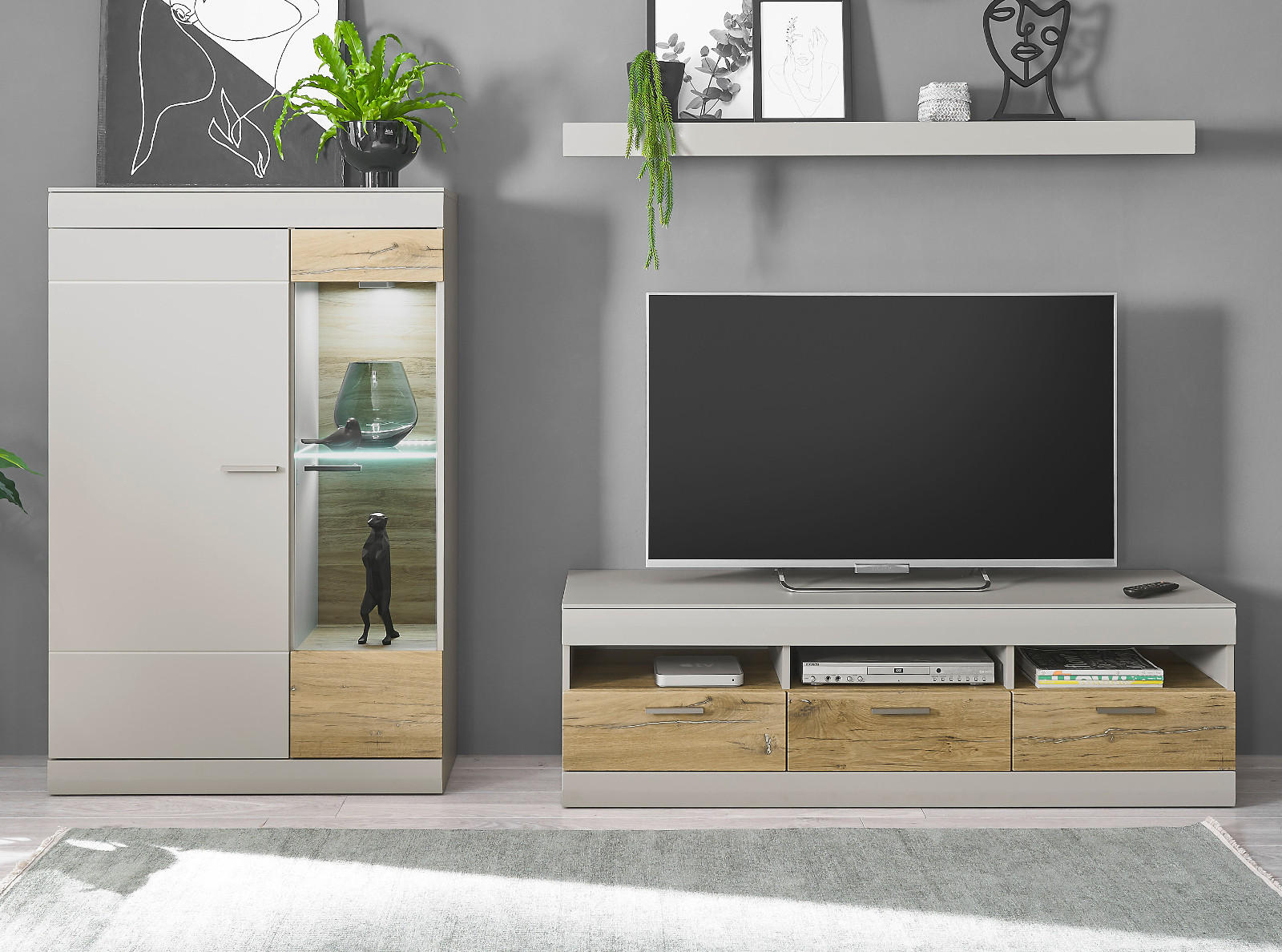 EX WOHNWAND grau matt, Zinneiche 3-teilig 250 cm, Komplettset mit Soft-Close - Eichefarben/Silberfarben, Glas/Holzwerkstoff (250/170/45cm) - Furn.Design
