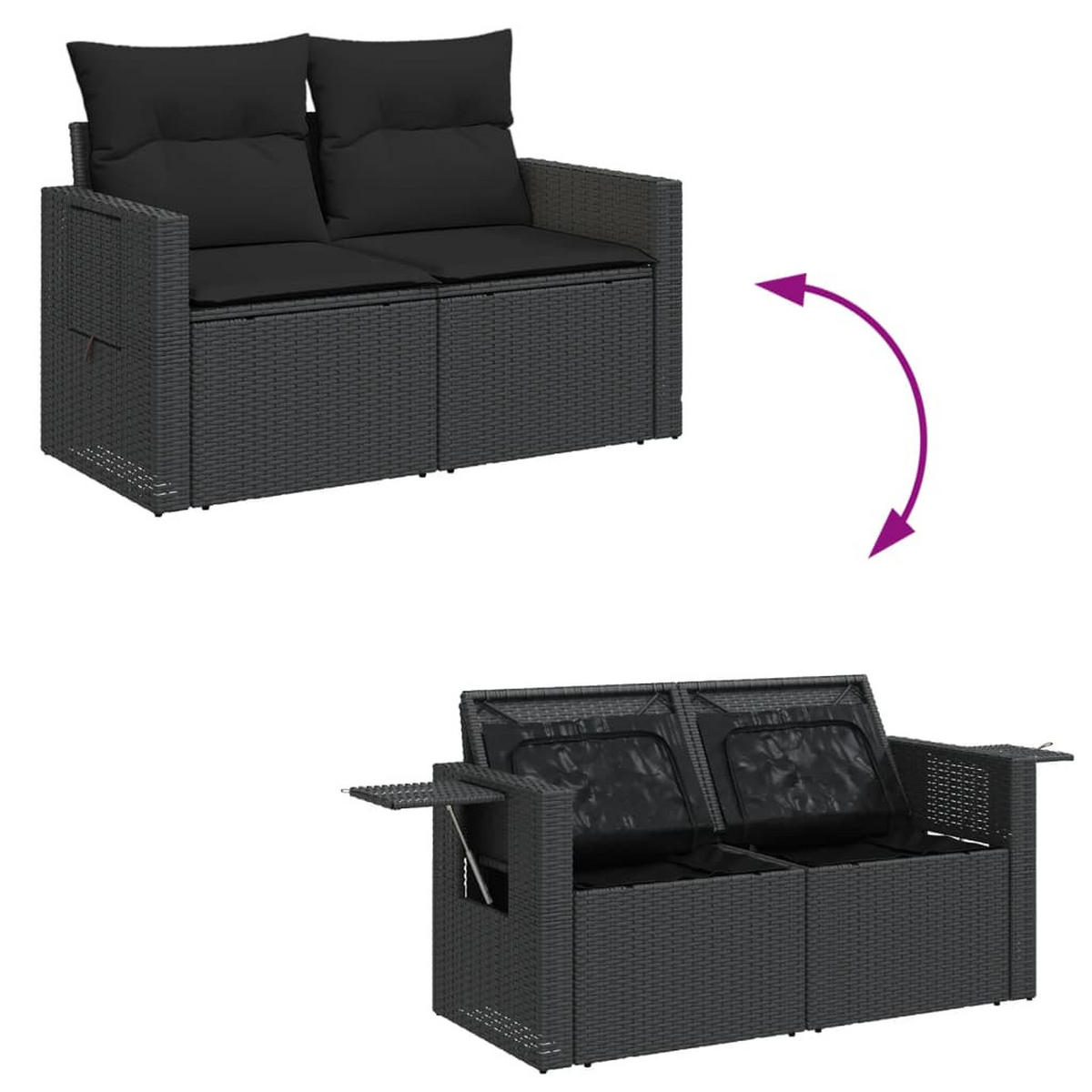 GARTENSOFA Mit Kissen 2-Sitzer Schwarz Poly Rattan - Schwarz, Kunststoff (124/69/62cm) - vidaXL