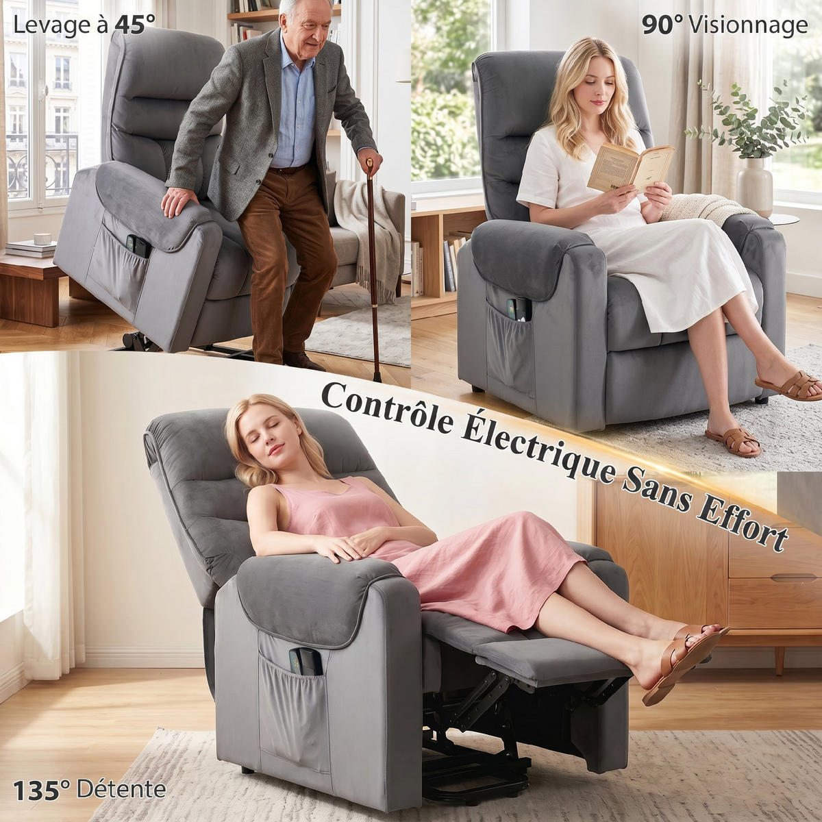 AUFSTEHSESSEL,ELEKTRISCH Massage Vibration Wärme Samt,dunkelgrau - Grau, Textil (79/103/97cm) - Vallsero