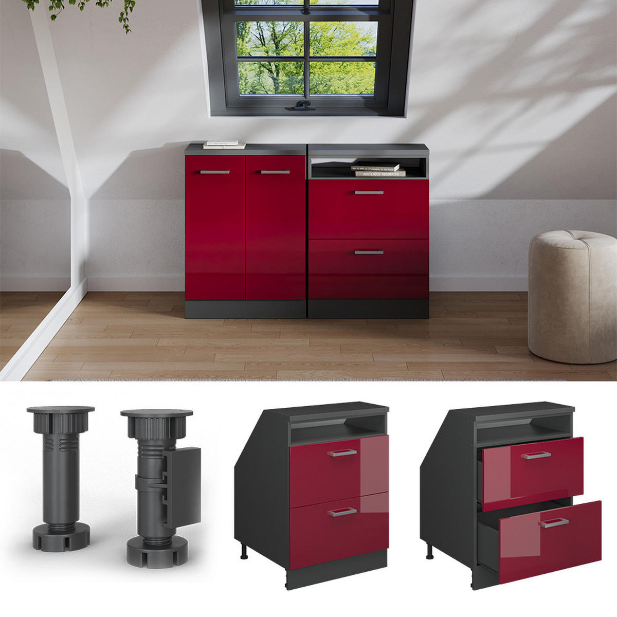 ORMARIĆ ZA KOSI KROV S LADICAMA Rion Crveni visoki sjaj 60 x 81.6 cm s 2 ladice, korpus ormara dubine 60 cm - bordo/antracit, drvni materijal (60/83.8/60cm) - Vicco