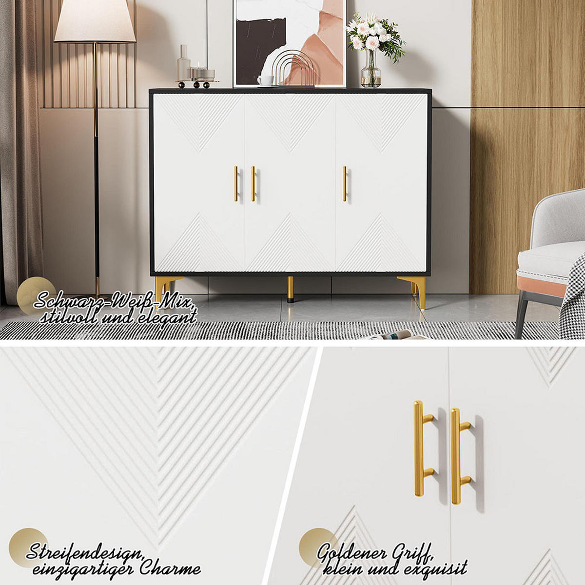 SIDEBOARD mit goldenen Griffen und goldenen Beinen - Weiß, Holz (40/88/20cm) - KOMHTOM