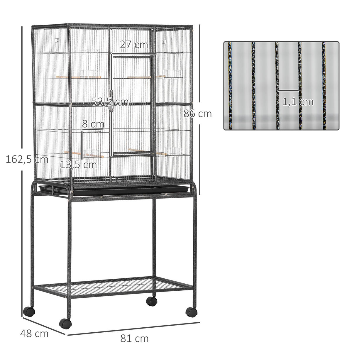 VOGELKÄFIG DE-17802 4 Sitzstangen & 4 Näpfe auf Rollen Schwarz/Grau - Grau, Metall (47/163/77cm) - ComfortXL