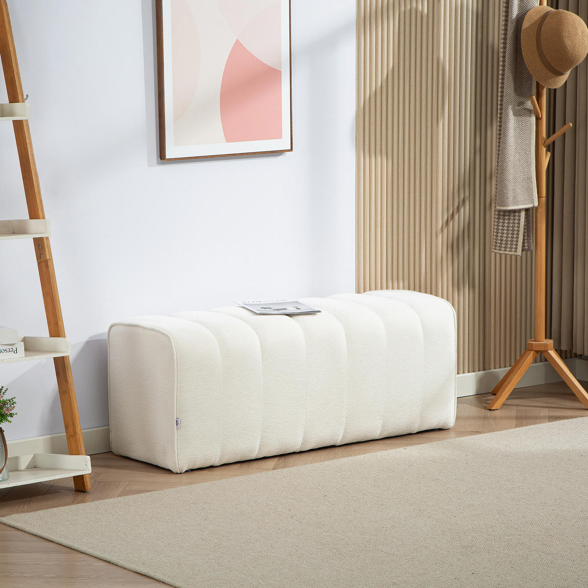 SITZBANK Polsterbank Bettbank mit Leinenoptik, Kanal-Tufting Cremeweiß - Creme, Textil (40/44/110cm) - HOMCOM