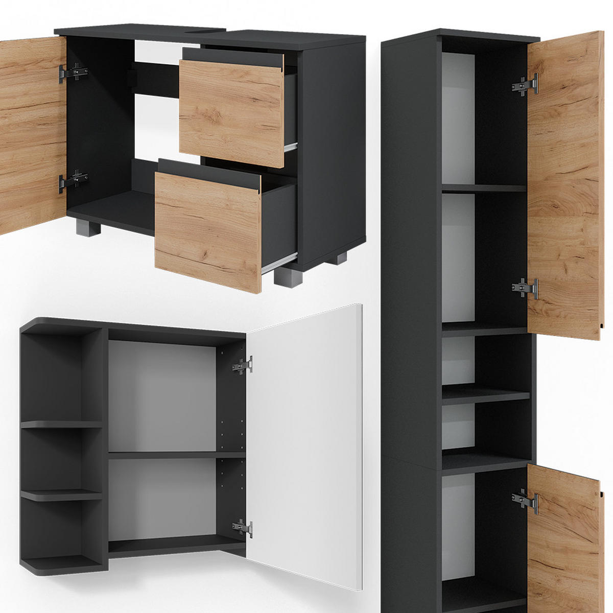 BADMÖBEL-SET J-Shape Grau 3 Teile, mit Hochschrank - Eichefarben/Grau, Holzwerkstoff (80/60/33cm) - Vicco