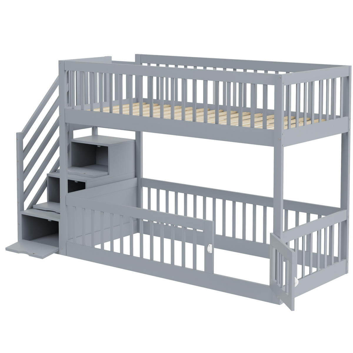 ETAGENBETT Massivholz 90x200 cm Grau mit Stauraumtreppe und Schubladen - Grau, Holz (90/200cm) - Modfu