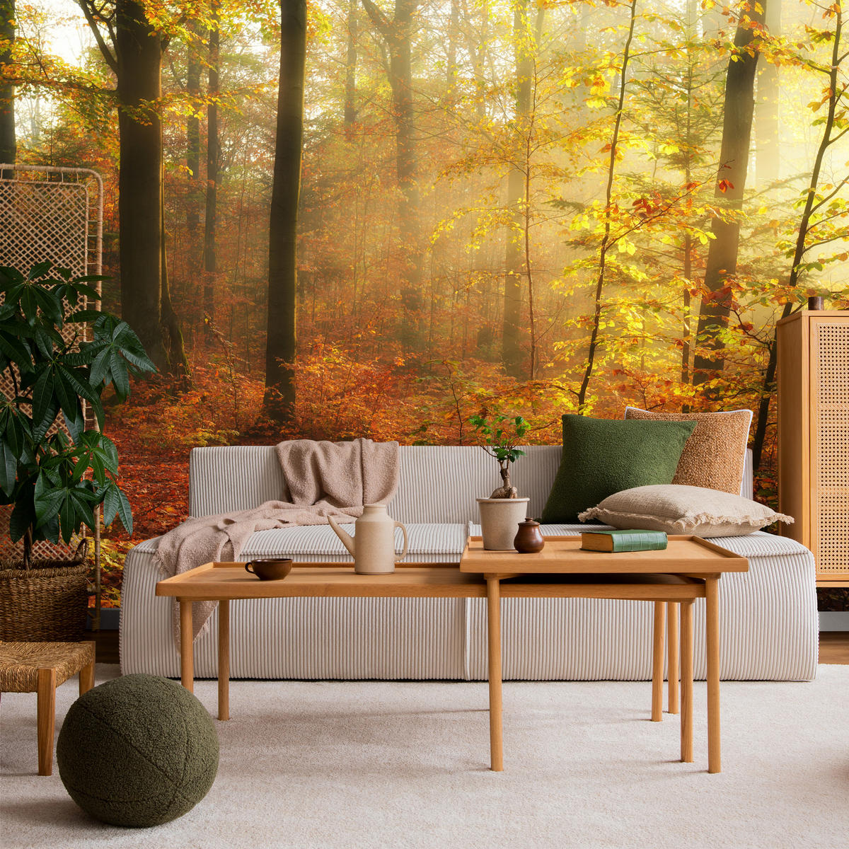 FOTOTAPETE für Wohnzimmer Herbstnebel Laubwald Bäume 350x256 - Gelb/Rot, Papier (350/256cm) - Muralo