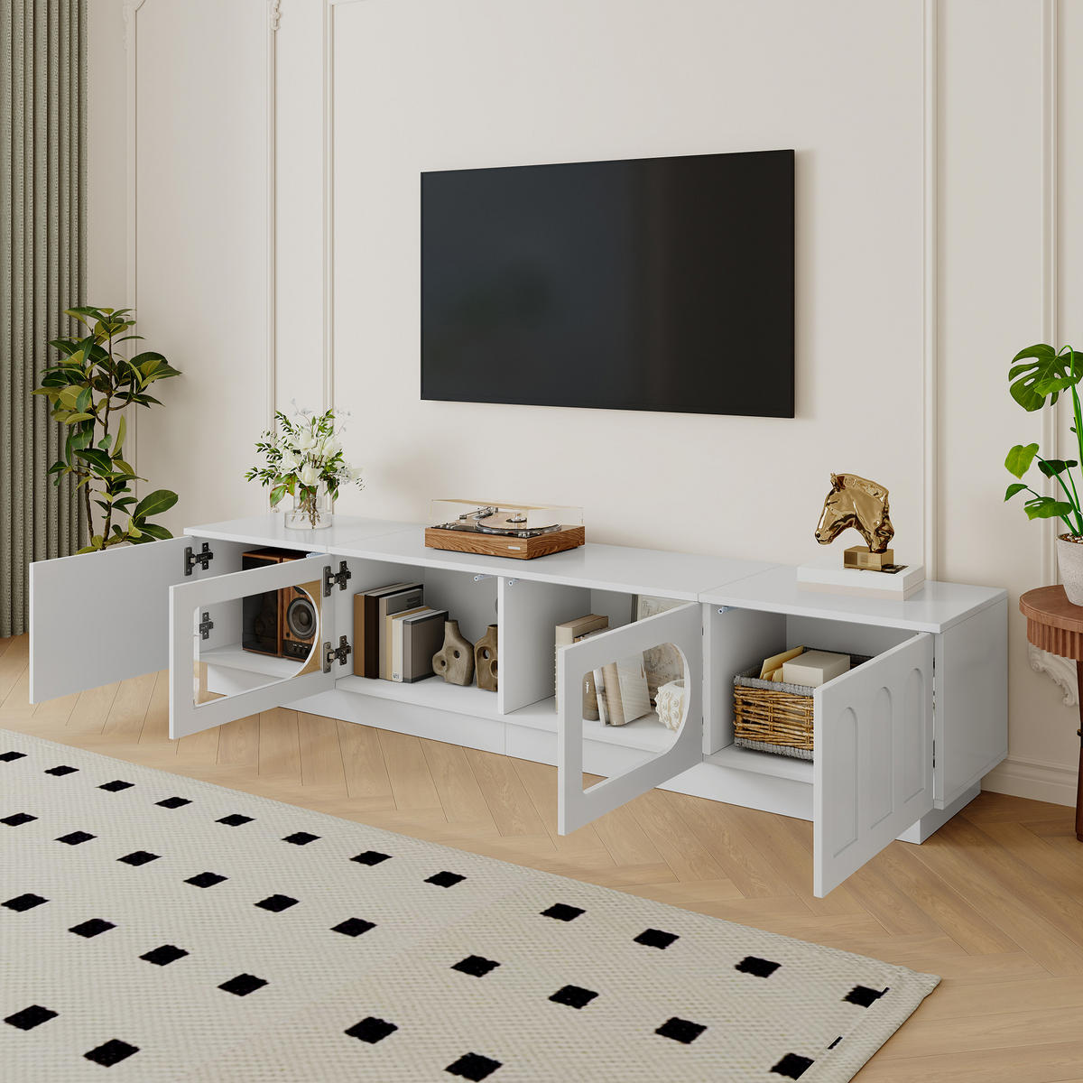 TV-LOWBOARD mit LED, APP-Steuerung, Glastür und Bogentür - Weiß, Holzwerkstoff (200/42/40cm) - FLIEKS