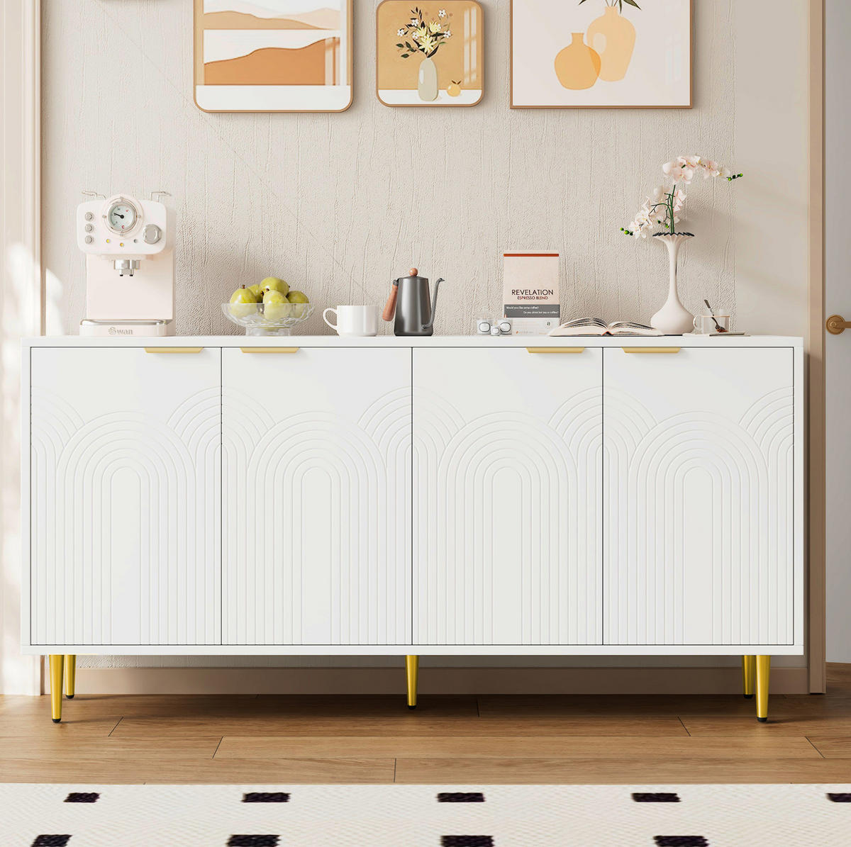 SIDEBOARD 160/40/80 cm in Weiß mit 4 Türen und verstellbaren Einlegeböden - Weiß, Holzwerkstoff (160/80/40cm) - Flora Grace