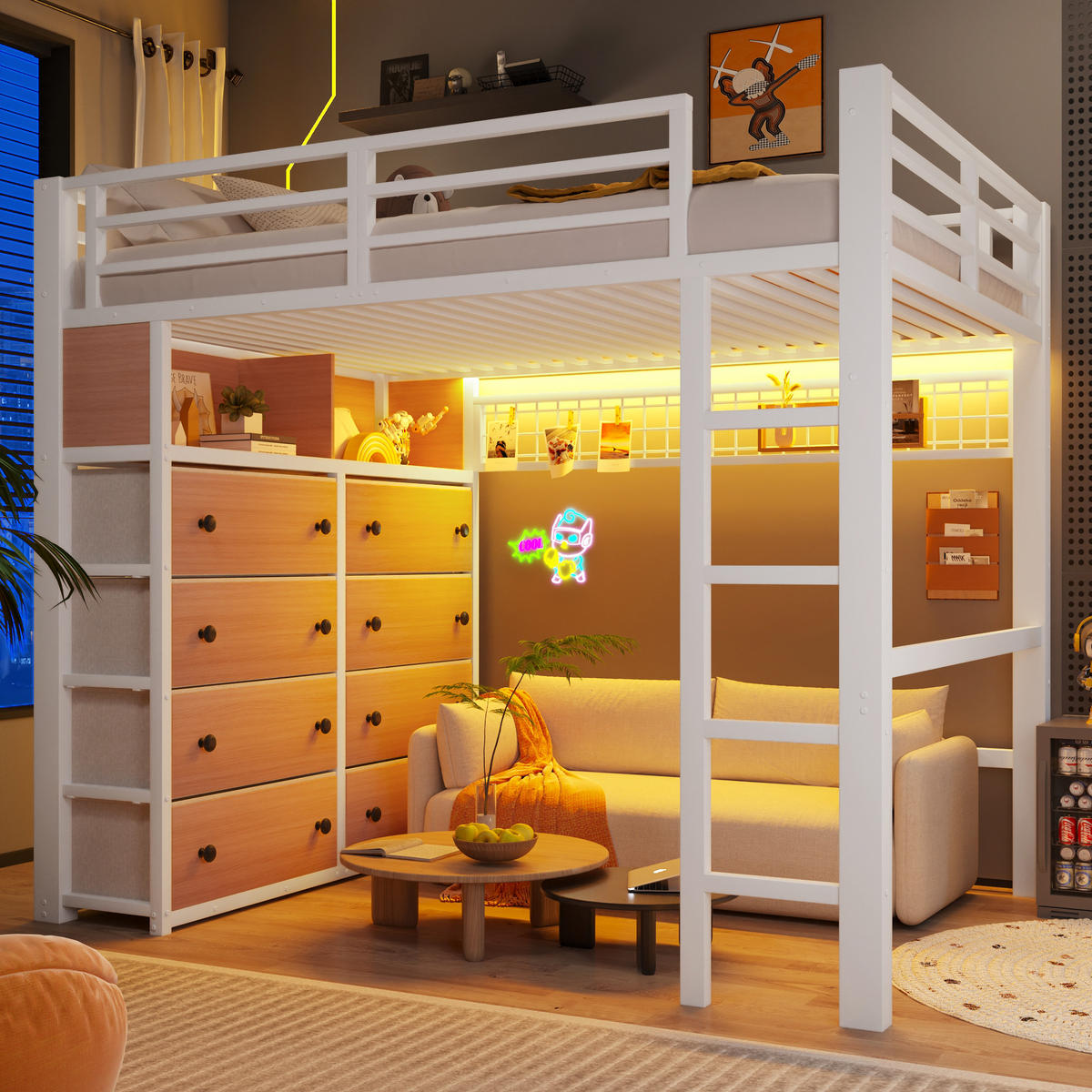 HOCHBETT 140/200 cm in Weiß mit 8 Schubladen, LED, Regalen und Lochwand - Weiß, Holzwerkstoff/Metall (140/200cm) - WISHDOR