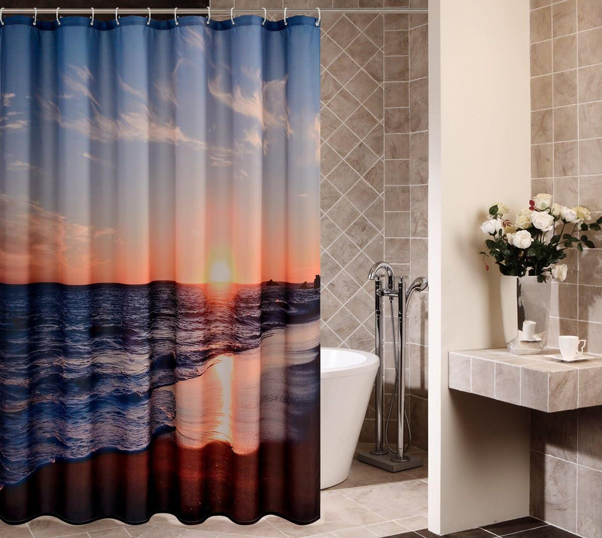 DUSCHVORHANG Modell Landschaft Strand mit Stoff wasserdicht fürs Badezimmer 180 x 180 cm - Grün, Textil (180/180cm) - MCBOSON