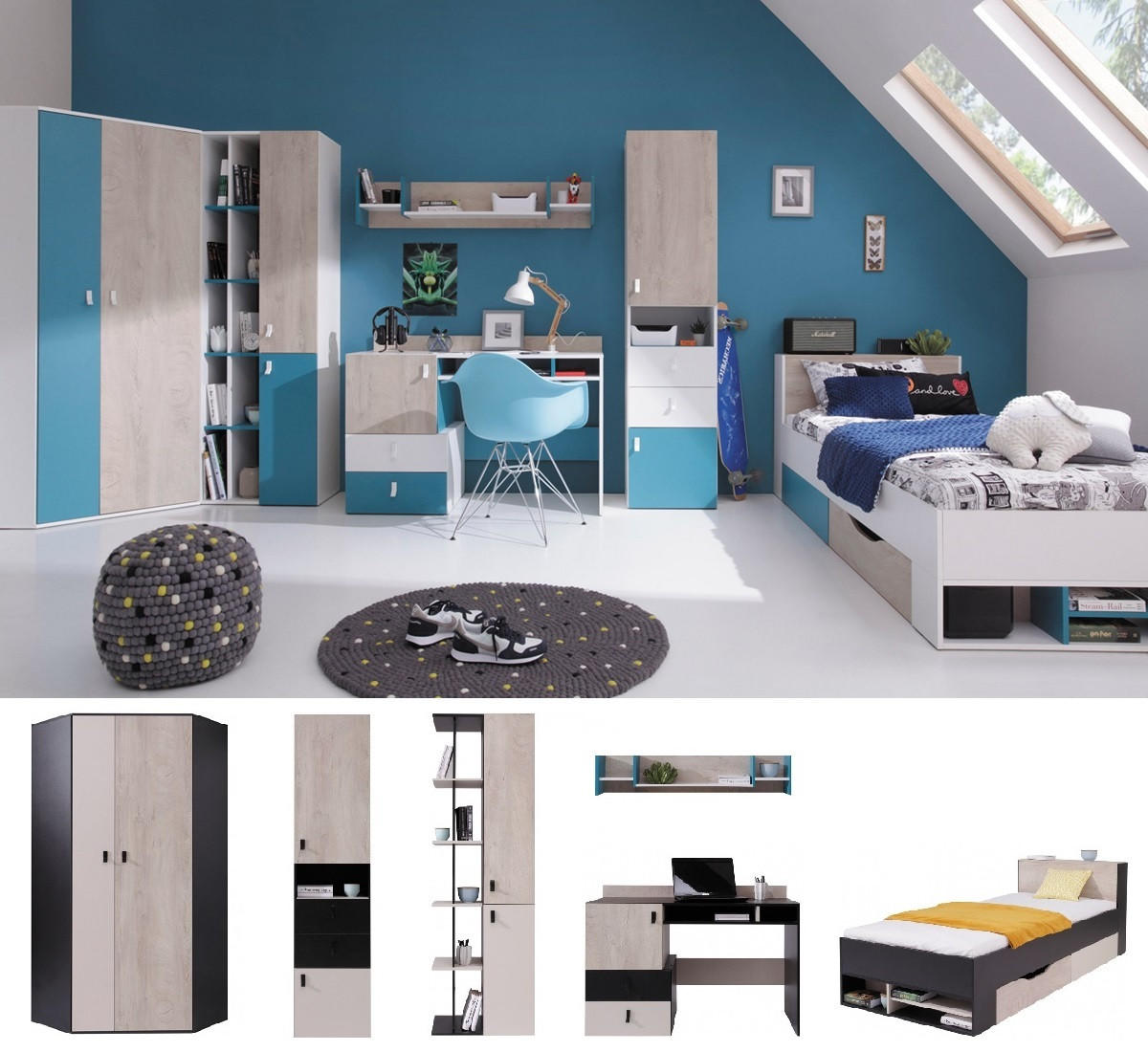 JUGENDZIMMER Space Set A mit Bett 90 x 200 - Schwarz-Eiche-Beige - Eichefarben/Beige, Holzwerkstoff (90/190/90cm) - QMM TraumMöbel