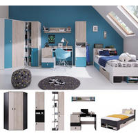 JUGENDZIMMER Space Set A mit Bett 90 x 200 - Schwarz-Eiche-Beige - Eichefarben/Beige, Holzwerkstoff (90/190/90cm) - QMM TraumMöbel