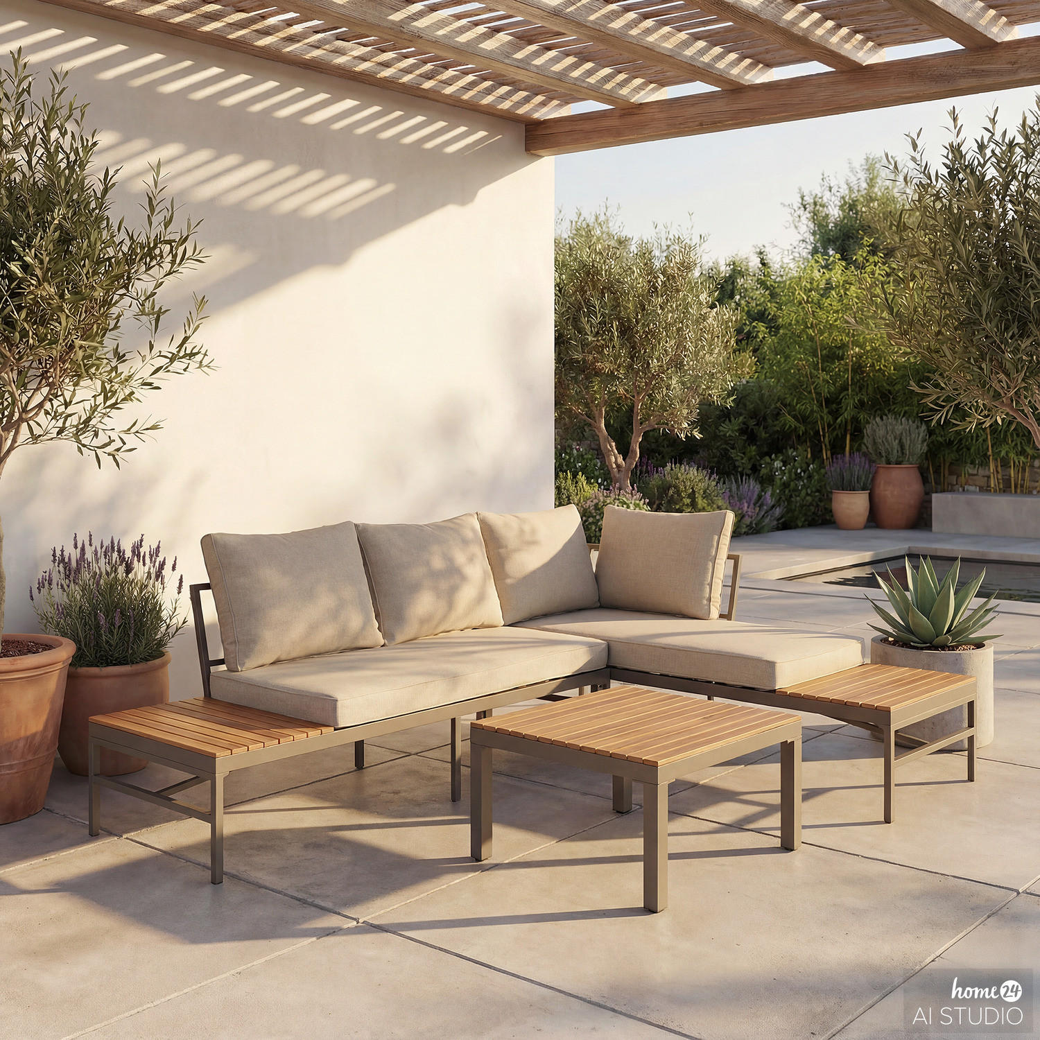 LOUNGESET - 3-teilig - Webstoff / Akazie massiv - Beige / Akazie Braun - Beige, Holz/Textil - home24