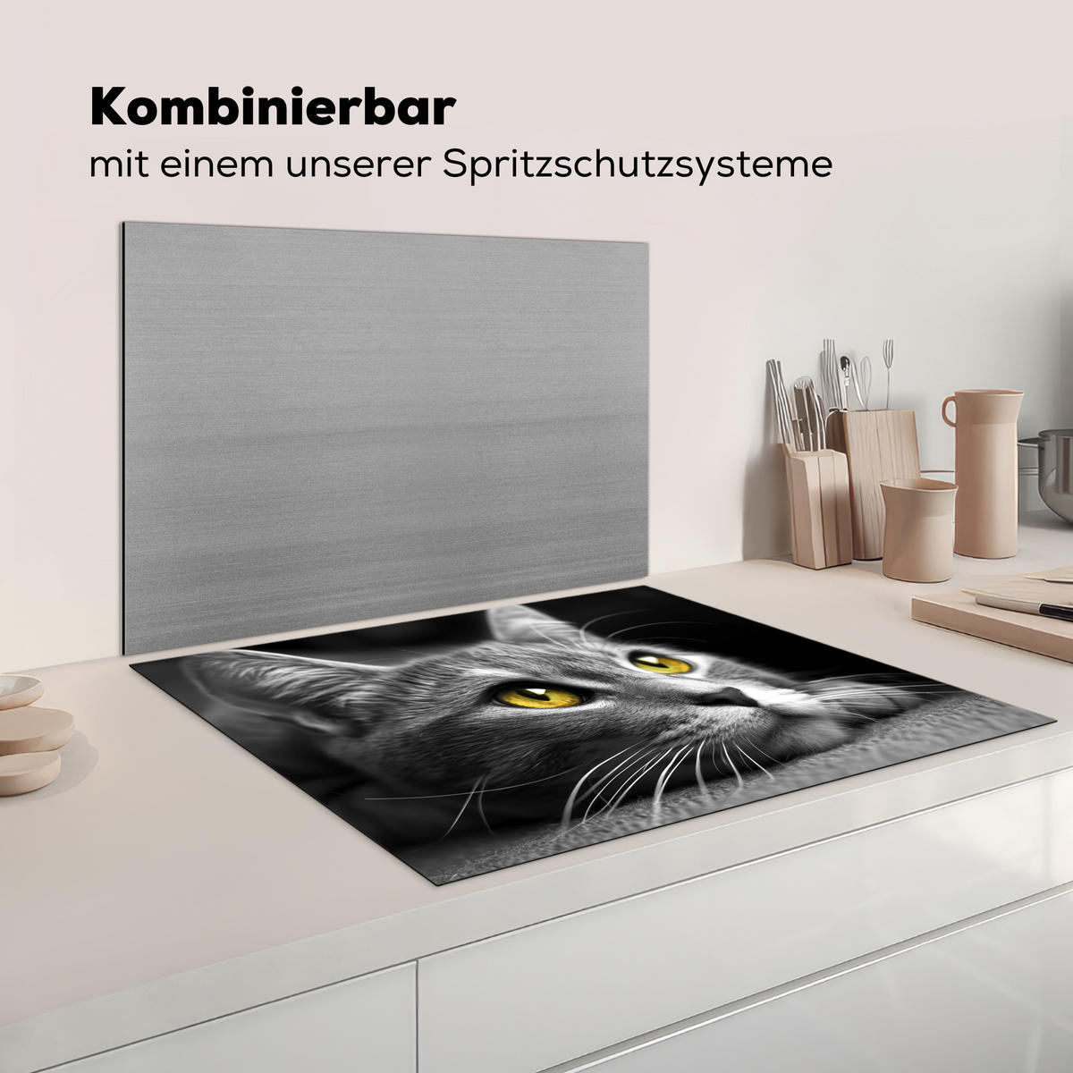 HERDABDECKPLATTE Katze - Grau - Tiere - Katze Induktionsmatte 77x59 cm - Grau, Kunststoff (77/59/0.2cm) - MuchoWow