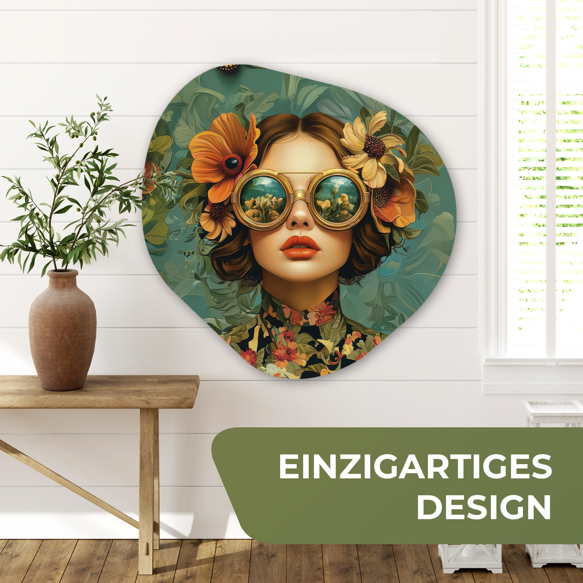 WANDBILD Frau - Blumen - Schmetterlinge - Natur - Vintage 90x90 cm - Petrol, Kunststoff (90/90cm) - MuchoWow