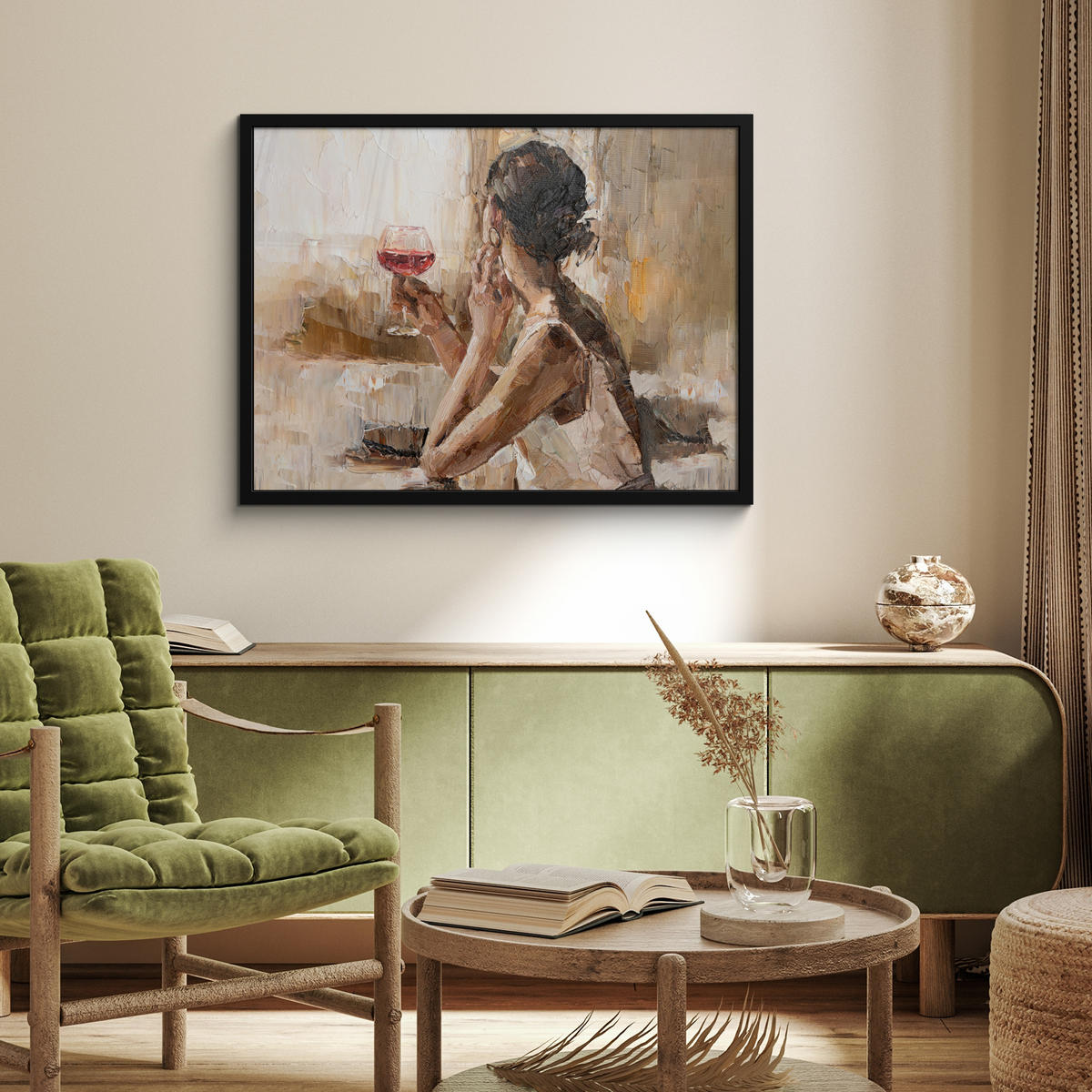 ZARÁMOVANÝ PLAGÁT Olejomaľba - Žena - Víno 80x60 cm - svetlohnedá, papier (80/60cm) - MuchoWow