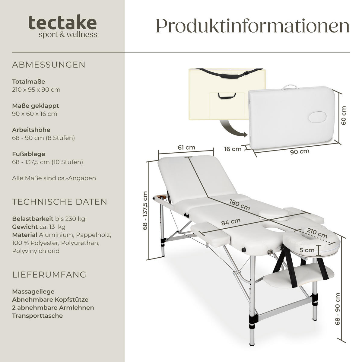 MASSAGELIEGE 3 Zonen, 210 x 95 x 90 cm,weiß - Weiß, Metall (61/68/180cm) - tectake
