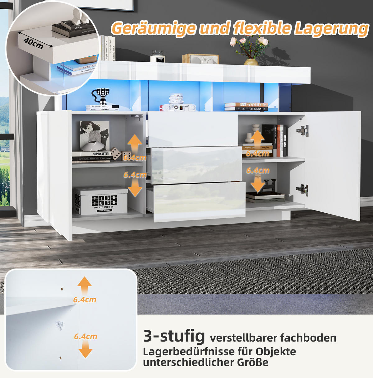 SIDEBOARD aus Spanplatte und Acryl 140x35x80 cm Weiß mit LED-Beleuchtung, 3 Schubladen und 2 Türen - Weiß, Holzwerkstoff (140/80/35cm) - IVMEU