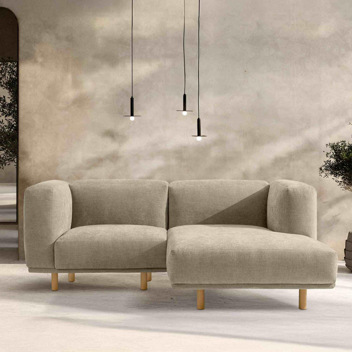 ECKSOFA-RECHTS FOSERO, Chenille-Stoff - Beige/Buchefarben, Holz/Holzwerkstoff (204/155cm) - KONSIMO®