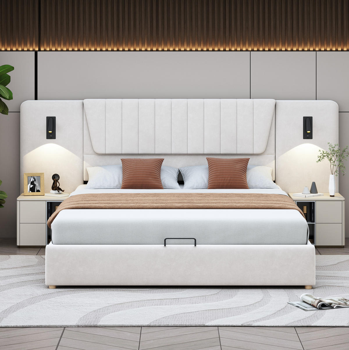 POLSTERBETT 180x200 cm in Beige mit hydraulischem Stauraum, Leselampen und USB-Anschlüssen - Beige, Textil (180/200cm) - IVMEU