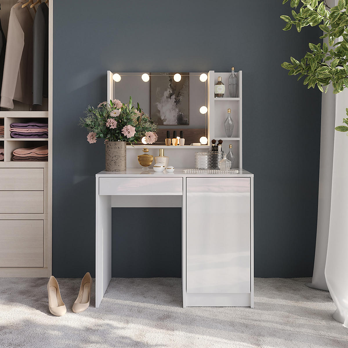 SCHMINKTISCH Sherry Weiß/Weiß Hochglanz 89.8 cm 4 Teile - Weiß Hochglanz, Holzwerkstoff (89.8/76/50.1cm) - Vicco