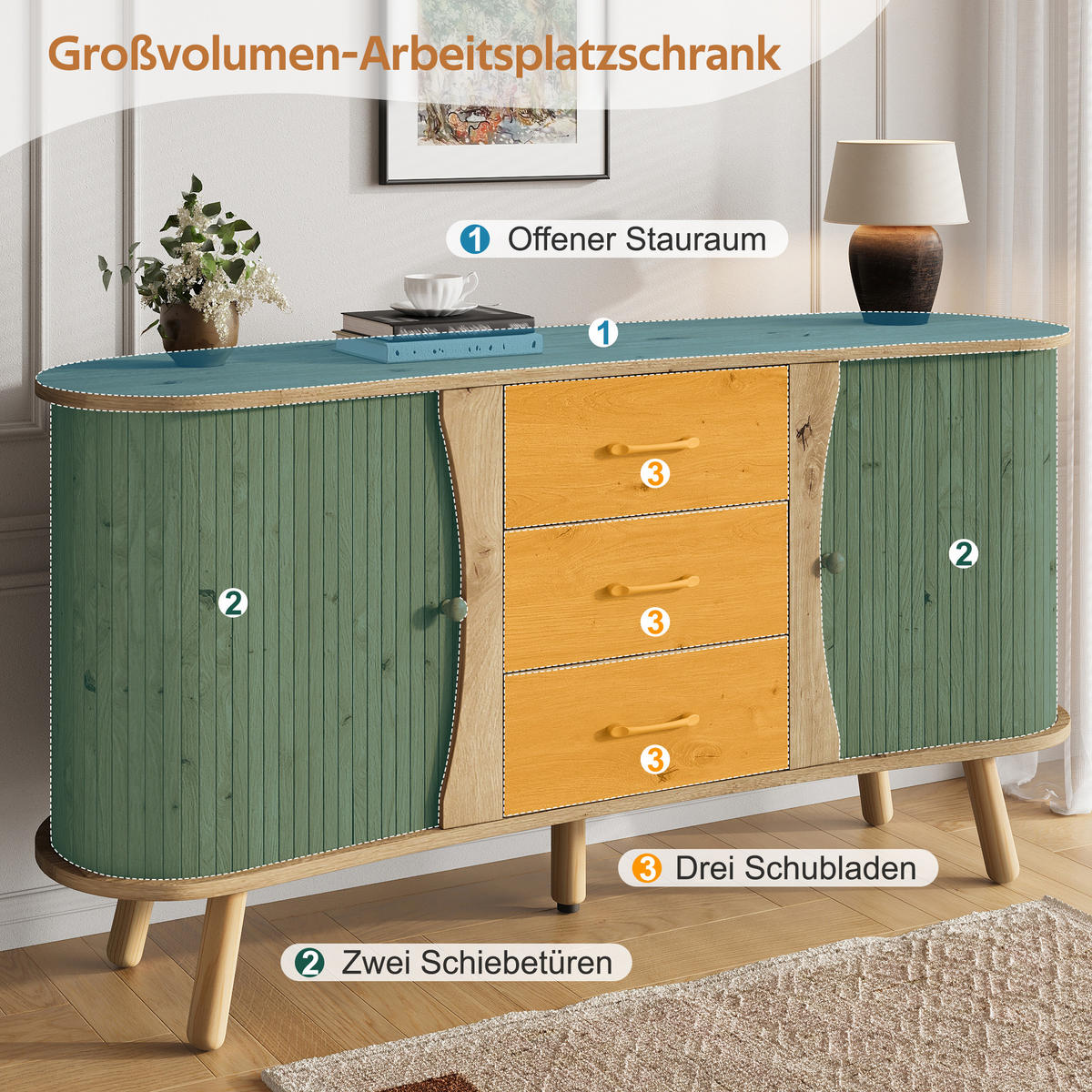 SIDEBOARD in Holzoptik Kommode mit Verstellbare Einlegeböden und Massivholzbeine, B150/T36,5/H75(cm) - Naturfarben, Holzwerkstoff (150/75/36.5cm) - STILVORA