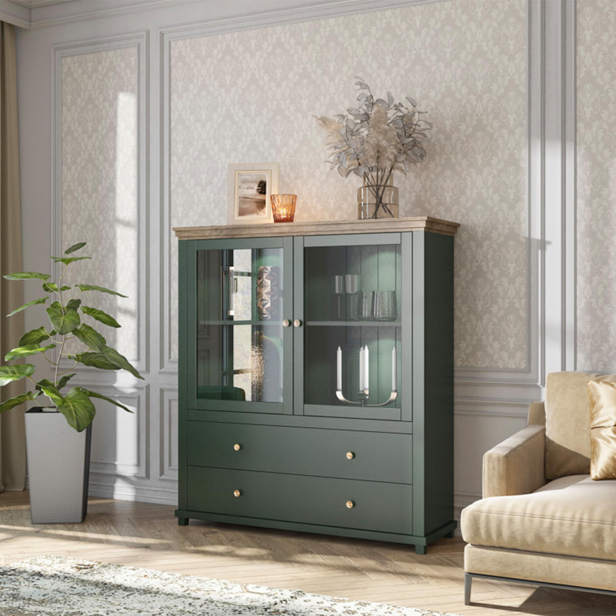 VITRÍNA Martin Zelená a dřevo - zelená barva, kompozitní dřevo (126/138/42cm) - Petits-meubles