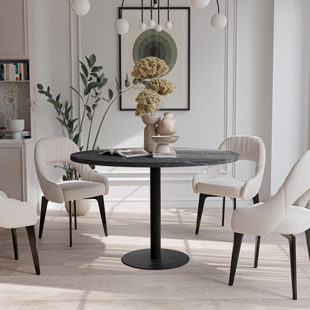 TISCH einbeinig schwarzes Bein, MDF Tischplatte, Grigia Pietra - Schwarz, Holzwerkstoff (100/100/76cm) - Idohome